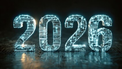 Futuristic digital representation of the year 2026, composed of circuit board patterns, illuminated