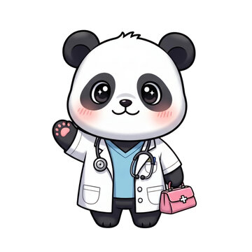A cute cartoon panda wearing a doctor's coat and holding a medical bag on transparent background