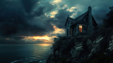 Lone stone house on cliff overlooking stormy sea at sunset.