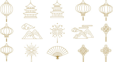 Elegant Chinese icons set with lanterns and pagodas © Mofajjol