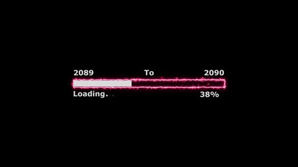 Loading 100 percent complete progress bar digital interface technology modern design white color animation. New year 2089 to 2090 loading animation. Neon bright rectangle frame black background.