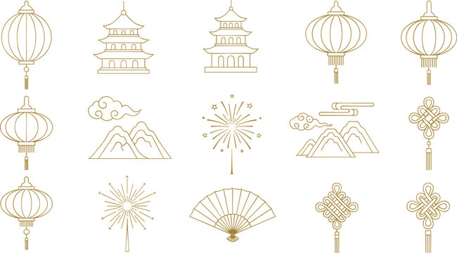 Elegant Chinese icons set with lanterns and pagodas