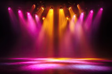 Dramatic stage bathed in pink and yellow light, with reflections on floor