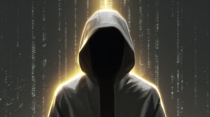 Anonymous hooded hacker silhouette with digital code background and yellow glowing light