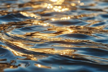 Close-up of water with golden sunlight reflections, rippling surface
