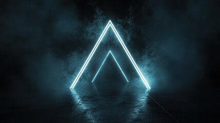 Neon light triangle tunnel in a dark, smoky space.