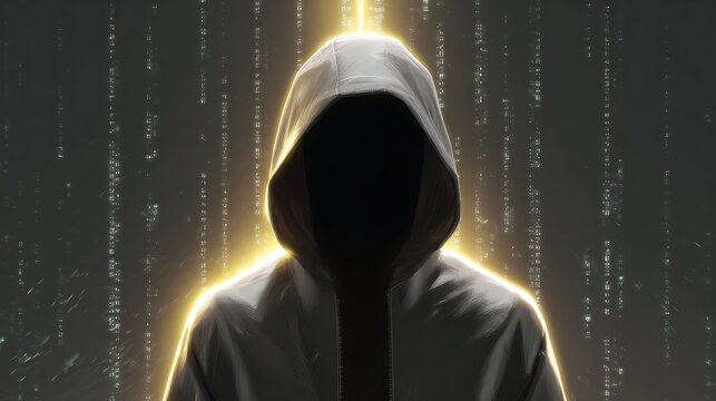 Anonymous hooded hacker silhouette with digital code background and yellow glowing light - Powered by Adobe