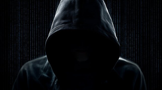 Cyber criminal silhouette wearing a black hoodie with digital code rain background