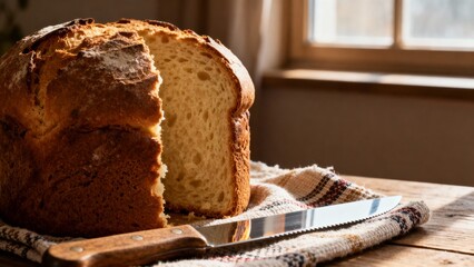 Sliced Easter bread by window light representing Easter food, traditional Easter recipes, global Easter dishes, spring feast, meal, baking, ethnic holiday foods, sweet Easter bread, lamb roast, desser