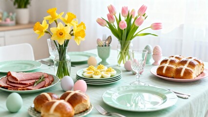 Easter brunch table with flowers representing Easter food, traditional Easter recipes, global Easter dishes, spring feast, meal, baking, ethnic holiday foods, sweet Easter bread, lamb roast, desserts,