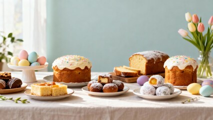 Festive Easter dessert table with cakes representing Easter food, traditional Easter recipes, global Easter dishes, spring feast, meal, baking, ethnic holiday foods, sweet Easter bread, lamb roast, de