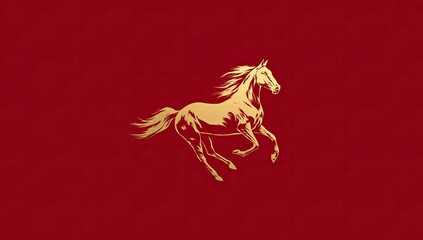 Golden silhouette of a galloping horse on a rich red background