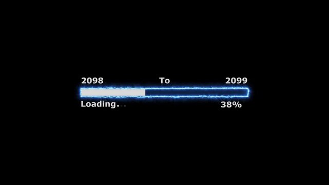 Loading 100 percent complete progress bar digital interface technology modern design white color animation. New year 2098 to 2099 loading animation. Neon bright rectangle frame black background.