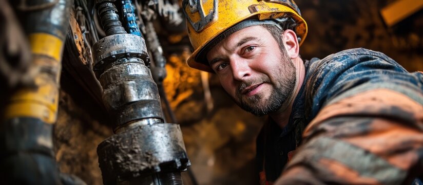 Close-up of a male miner in a hard hat, looking at the camera in a mine shaft. - Powered by Adobe