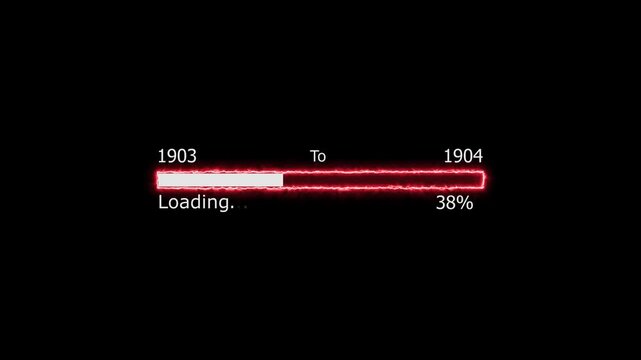 Loading 100 percent complete progress bar digital interface technology modern design white color animation. New year 1903 to 1904 loading animation. Neon bright rectangle frame black background.