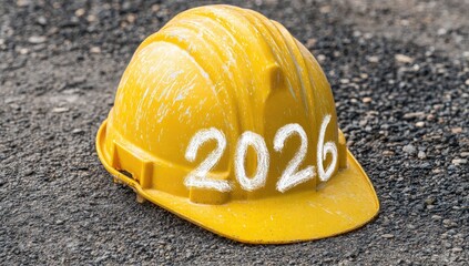 Close-up of yellow safety helmet with "2026" painted on it, resting on a gravel surface
