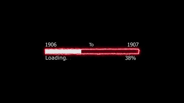 Loading 100 percent complete progress bar digital interface technology modern design white color animation. New year 1906 to 1907 loading animation. Neon bright rectangle frame black background.