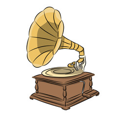 Vintage Gramophone Record Player with Golden Horn Antique Music Vector Illustration