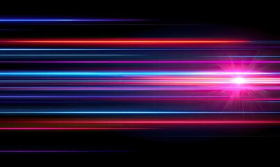 Horizontal colorful light streaks radiate from a central bright source on black background