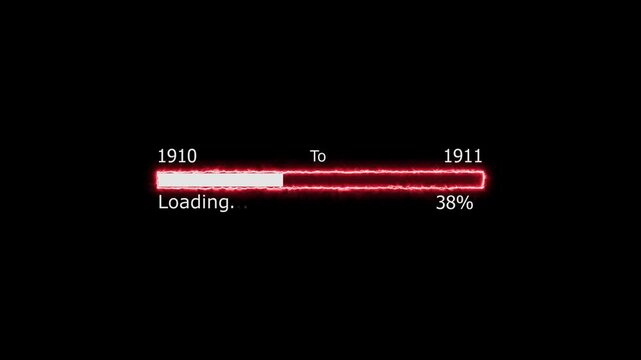 Loading 100 percent complete progress bar digital interface technology modern design white color animation. New year 1910 to 1911 loading animation. Neon bright rectangle frame black background.