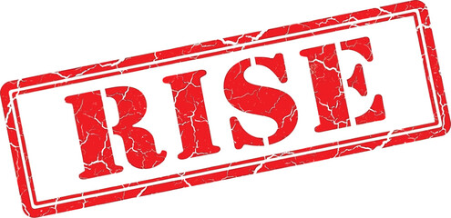 A red rectangular stamp with cracked edges prominently displays the word rise in bold distressed lettering