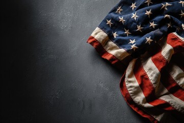American flag partially draped, with stars and stripes, atop a dark, textured background