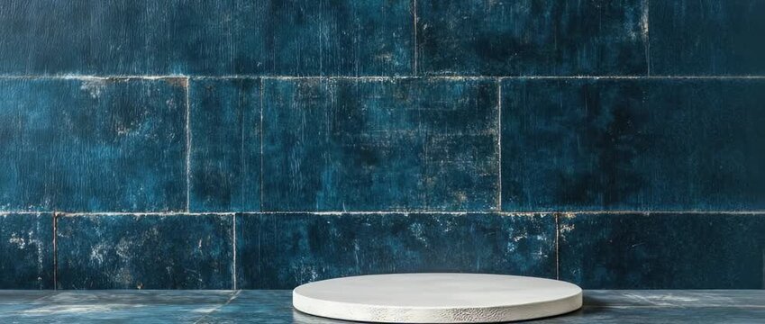 Elegant White Marble Display Platform Against a Distressed Dark Blue Brick Wall Background
