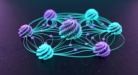 Abstract network of spheres connected by lines in a purple and teal color scheme on a dark background