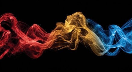 Swirling, abstract, colorful smoke art in red, yellow, and blue against a black backdrop