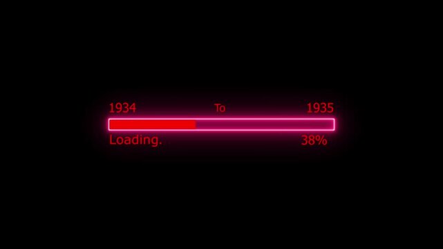 Loading 100 percent complete progress bar digital interface technology modern design white color animation. New year 1934 to 1935 loading animation. Neon bright rectangle frame black background.