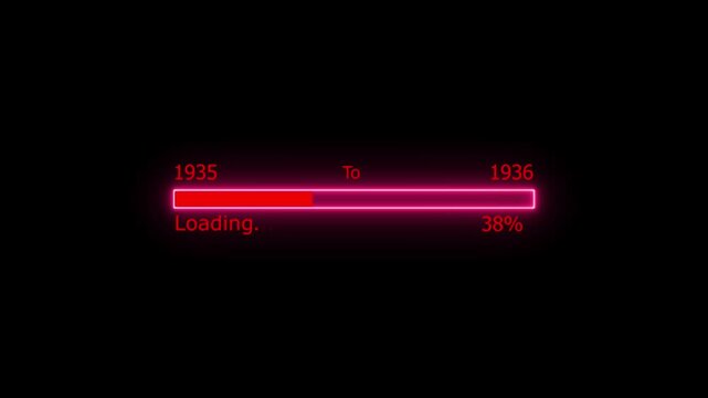 Loading 100 percent complete progress bar digital interface technology modern design white color animation. New year 1935 to 1936 loading animation. Neon bright rectangle frame black background.