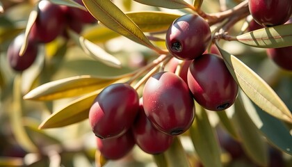 Close-up of ripe olives on branch, sunlit leaves,  olea europaea,  fresh