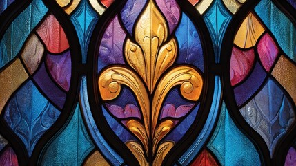 Medium frame of a temples stained glass artwork featuring symbolic motifs and bright harmonious colors enhancing spiritual ambiance.