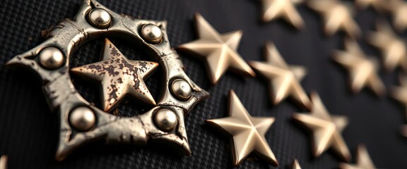 Close-up of distressed star-shaped metal studs on dark fabric, vintage, gothic