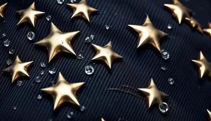 Close-up of distressed, metallic star-shaped studs on dark fabric, rusty, accessory