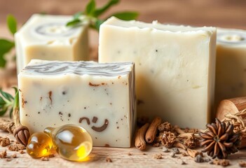 Close-up of handmade soap bars, various herbs & oils,  shea butter,   castile soap