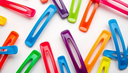 Close-up of colorful hair clips arranged on a white background, hair accessories, colorful