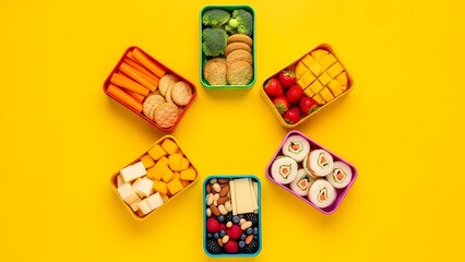Vibrant Arrangement of Healthy Snacks in Containers, Featuring Fruits, Vegetables, and Cheese on a Yellow Backdrop.