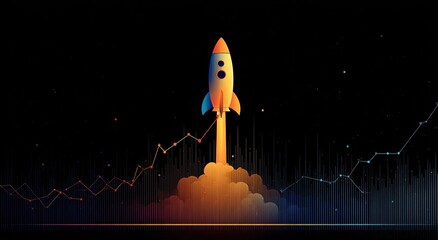 Cartoon rocket blasting off amidst a dark background, data lines surround