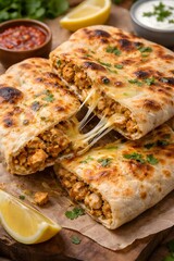 Delicious Chicken Cheese Naan on Wooden Plate