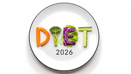 Healthy Diet 2026 New Year Concept with Colorful Fruit Lettering, Nutrition Motivation and Wellness Background