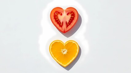 Two Heart-Shaped Slices, One Orange and One Tomato, Isolated on a White Background, Representing Freshness and Nutrition.