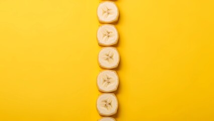 Fresh Banana Slices Are Arranged Vertically on a Vibrant Yellow Background, Emphasizing a Healthy Eating Concept.