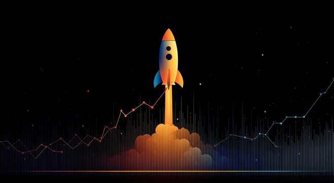 Cartoon rocket blasting off amidst a dark background, data lines surround