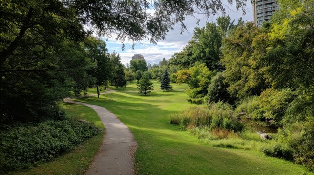 Medium shot of lush parkland with walking paths illustrating green belt policy preserving urban natural buffers.