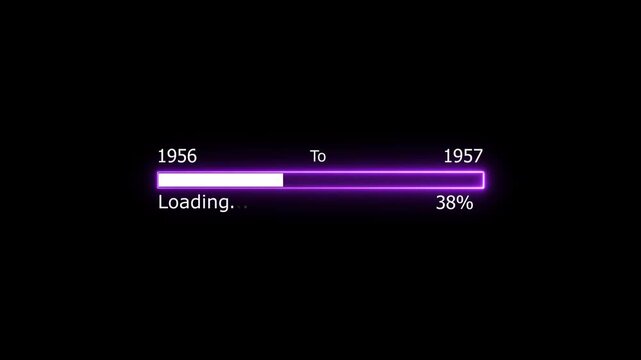 Loading 100 percent complete progress bar digital interface technology modern design white color animation. New year 19756 to 1957 loading animation. Neon bright rectangle frame black background.