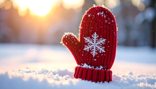 Cozy red mitten with snowflake design in snowy landscape