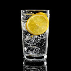 Tall glass filled with ice, bubbly beverage, and a floating lemon slice against black backdrop