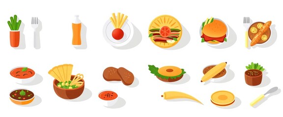 Assorted vector meal icons in a clean, flat design style, representing various food categories and dining options, ideal for digital interfaces,  outline,  delivery