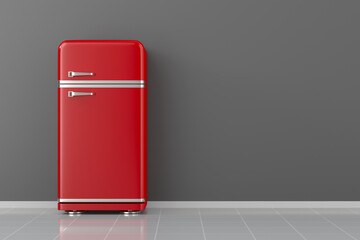 Retro red refrigerator in hall. 3D illustration